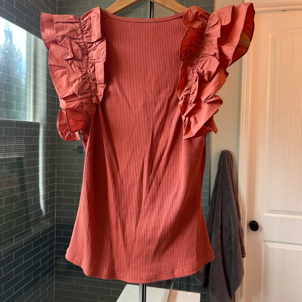 Ulla Johnson Koa Rust Ruffle-Sleeve Ribbed Top - Picture 4 of 5